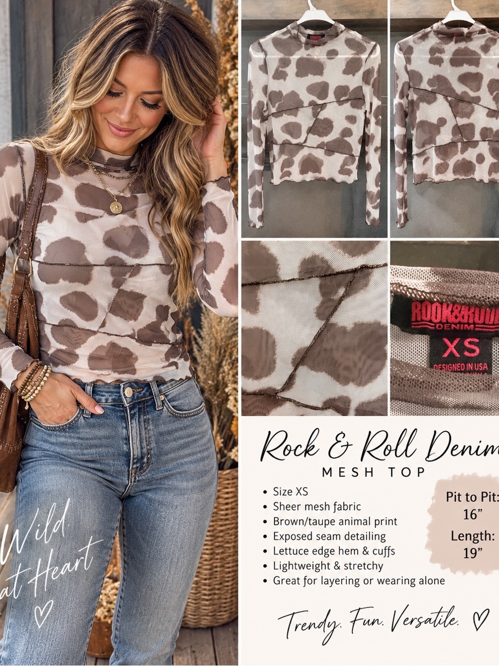 Rock & Roll Denim Brown Animal-Print Mesh Long-Sleeve Top - XS